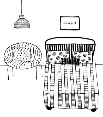 vector cartoon bedroom with large bad with pillows and cozy armchairのイラスト素材