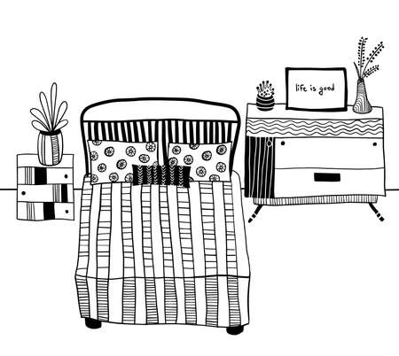 vector bed with bedside table and chest of drawers with poster and house flowersのイラスト素材