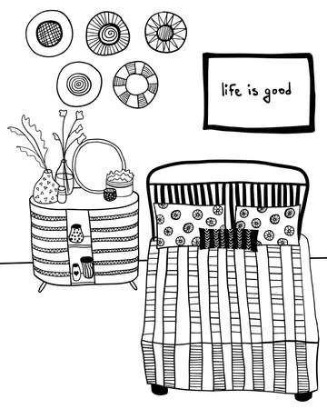 vector free hand drawing bedroom interior with bedside table with house flowers and various decorative elementsのイラスト素材