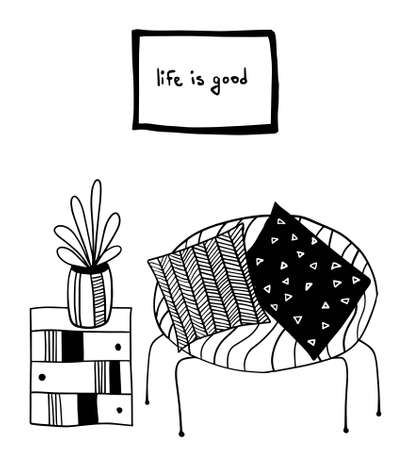 vector cartoon armchair with pillows and bedside table with house plant in the potのイラスト素材