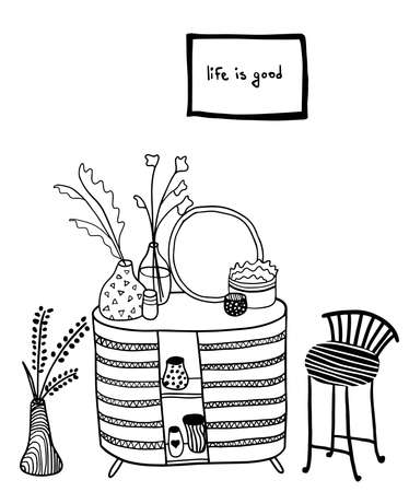 vector interior with wodeen stool and chest of drawes with mirror and mahy house flowersのイラスト素材