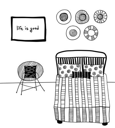 vector bedroom interior with bed and comfortable armchair with pillow and varios decorative elementsのイラスト素材