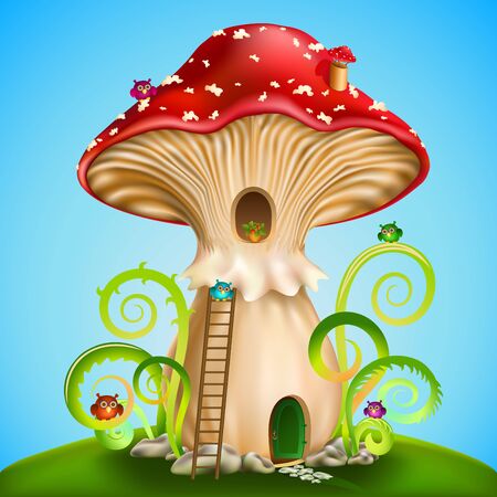 Magic mushroom. Fairy house red mushroom with owls on blue background. vector illustration