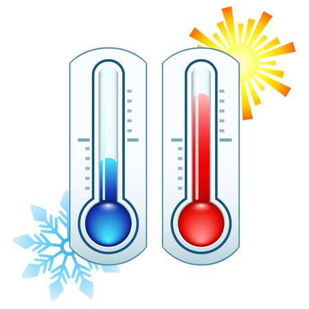 Thermometer icon measuring hot and cold temperature on background sun and snowflakeのイラスト素材