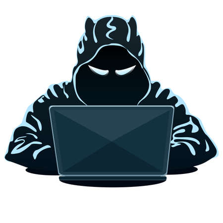 Mysterious hacker in hoodie with laptop on white background. Hacking the Internet. Cyber crime. Vector illustration.のイラスト素材