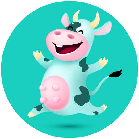 funny cartoon cow with dark spotted. cute emotional animal jumping on blue background. vector illustrationのイラスト素材