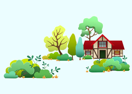 Country house among trees and bushes in countryside. Cartoon cottage house with red roof. rural landscape. vector illustration.のイラスト素材