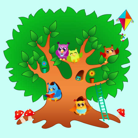 funny cartoon owls family on big green tree. cute colored birds on branches and in hollows. fairy tale home for little owls. vector illustrationのイラスト素材