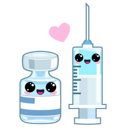 funny cartoon syringe for injection and vaccine vial in love on white background. cute cartoon medicine style. vector illustrationのイラスト素材