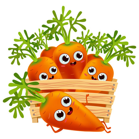 funny cartoon carrots set in a wooden box. fresh healthiest vegetables. cute characters food on white background. autumn harvest. vector illustration.のイラスト素材