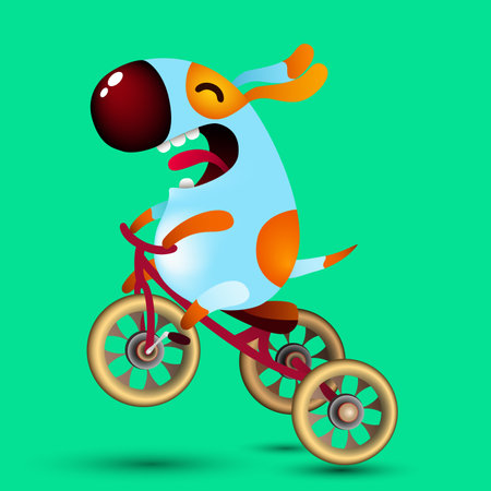 funny cartoon little dog riding bicycle on green background. happy puppy on tricycle bike. vector illustration.のイラスト素材