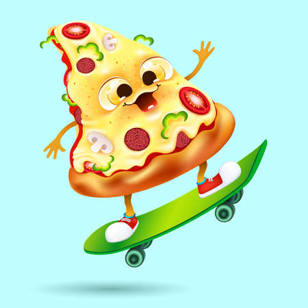 funny cartoon slice of pizza on skateboard on blue background. fast food icon concept. delivery service. vector illustration.のイラスト素材