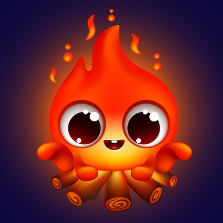 funny cartoon fire flame on dark blue background. cute bonfire with big eyes in the night. vector cartoon character illustrationのイラスト素材
