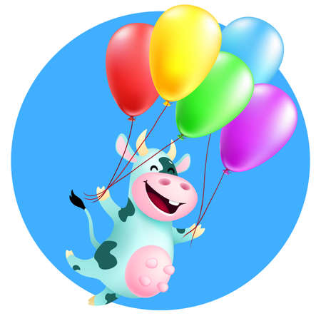 funny cartoon cow is flying with colorful balloons on blue background. cute animal congratulate holiday. greeting card. vector illustrationのイラスト素材