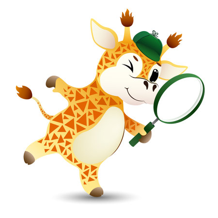 funny cartoon detective giraffe looking for items with a magnifying glass on white background. cute animal in search. vector illustration.のイラスト素材