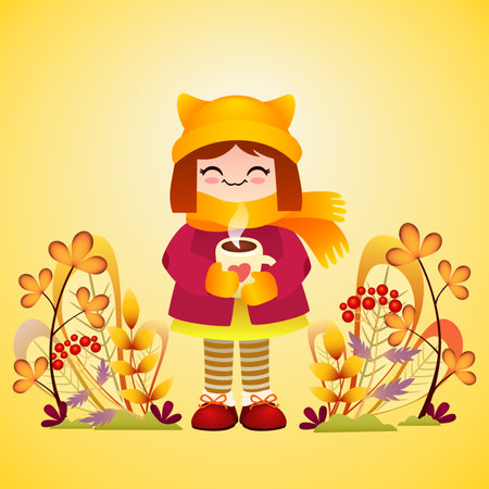 Cute little girl in hat with cat ears with cup of coffee in his hands.  autumn illustration greeting card. colorful vector illustration.のイラスト素材
