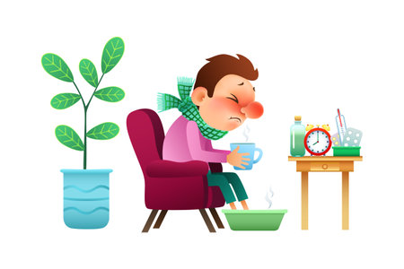 sick cartoon man sitting at home suffering from cold, infection, virus disease. man in a chair with tea cup taking a warming foot bath. vector illustration.のイラスト素材