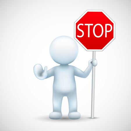 man holding stop sign on a white background. human character   with showing stop gesture hand. vector illustration.のイラスト素材