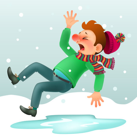funny cartoon falling man in winter clothes slipped on ice. dangerous ice, slippery winter road. vector illustration.のイラスト素材