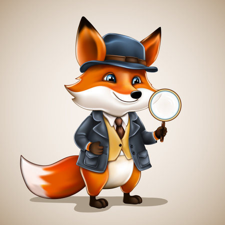 cute fox detective in hat and coat with a magnifying glass. funny animal in search. vector cartoon character illustration.のイラスト素材