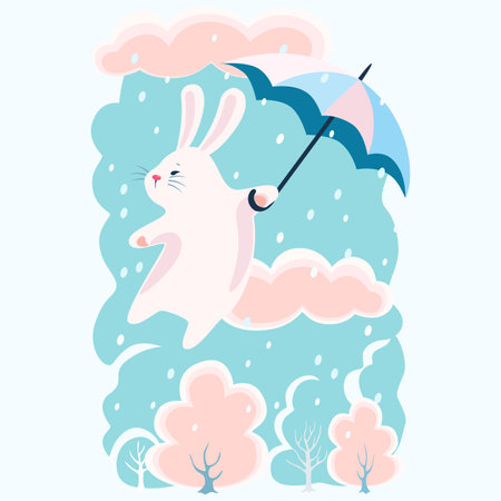 cute cartoon bunny flies with an umbrella over winter trees. vector illustration.のイラスト素材