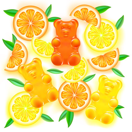 funny colored gummy bears with lemon and orange slices on white background. bright jelly candies of citrus juice. vector illustrationのイラスト素材