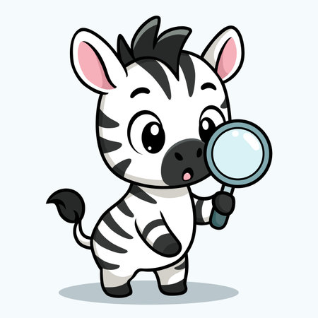 cute zebra detective with a magnifying glass. funny animal in search. vector cartoon character illustrationのイラスト素材