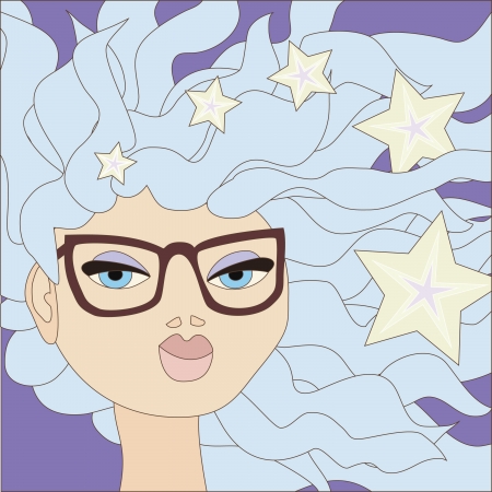 Illustration of cartoon girl with blue hair wearing big glasses  No mesh and transparency used  Objects grouped and named in English  のイラスト素材