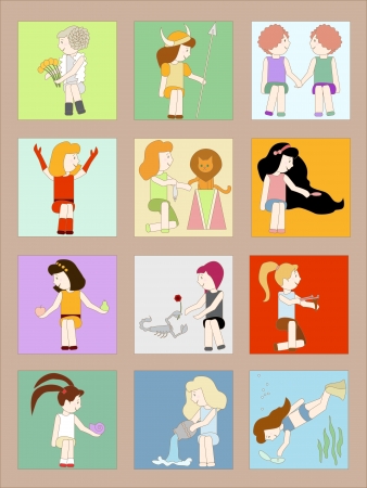 Set of twelve cartoon illustrations representing horoscope signs. Objects grouped and named in English. No mesh and transparency used. のイラスト素材