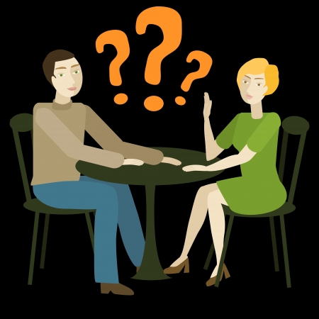 Vector illustration of caucasian couple having conversation  Woman makes stopping sign  No gradient, mesh, transparency used  Objects grouped and named in English  のイラスト素材