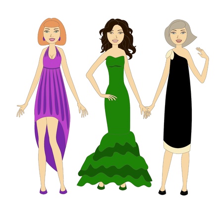 Three young women wearing fashionable evening dressesのイラスト素材