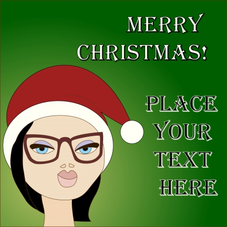 New year card template with brunette girl wearing Santa hat. No mesh, gradient, transparency used. Objects grouped and named in English. のイラスト素材