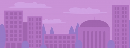 Vector illustration of city landscape in light purple colors. No gradient, mesh, transparency used. Objects grouped and named in English.のイラスト素材