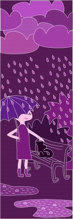illustration of cartoon girl walking in the rain in purple colors のイラスト素材