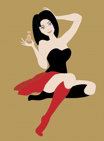 Brunette woman wearing black and red clothes holding small perfume bottle  Objects grouped and named in English  No mesh, gradient, transparency used  のイラスト素材