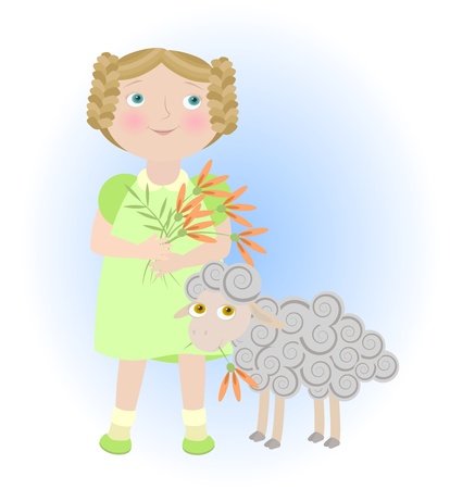  Cartoon girl with sheep illustrating aries zodiac signのイラスト素材