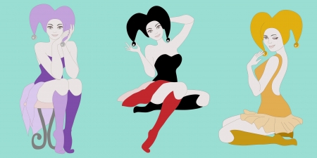 set of 3 hot joker girls in colorful costumes on turquoise background  のイラスト素材