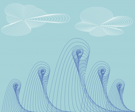 Abstract seascape made of lines  No mesh, gradient, transparency used  Strokes expanded  Objects grouped and named in English  のイラスト素材