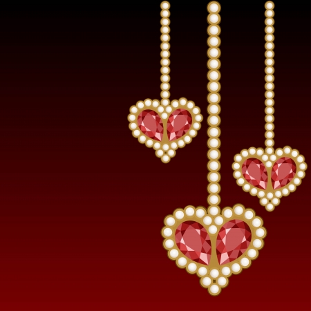 Dark red background with three jewelry hearts のイラスト素材