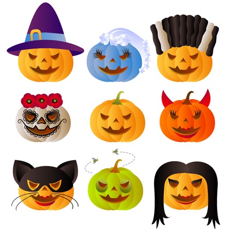Set of 9 halloween carved pumpkins  のイラスト素材