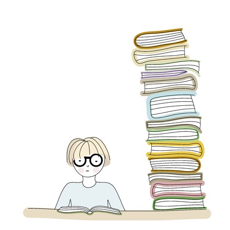 Student wearing glasses and reading a book のイラスト素材
