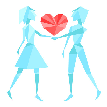 Abstract polygon couple holding hands with red heart aboveのイラスト素材