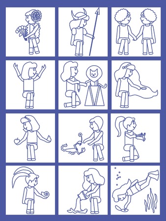 Set of twelve line art illustrations representing zodiac signs.のイラスト素材
