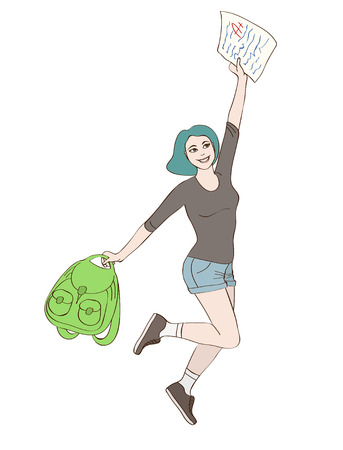 Happy student girl jumps with A+ graded paper test in her handのイラスト素材