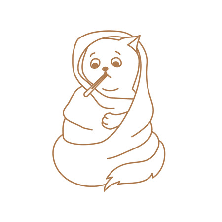 Cute cat character with mouth thermometer in blanket wrapのイラスト素材