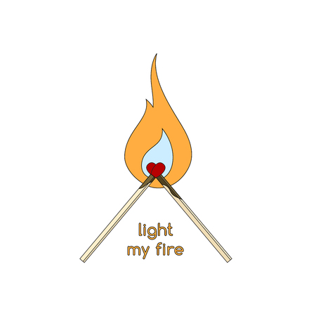 Two burning matches with heads crossed as heart and "light my fire" inscription.のイラスト素材