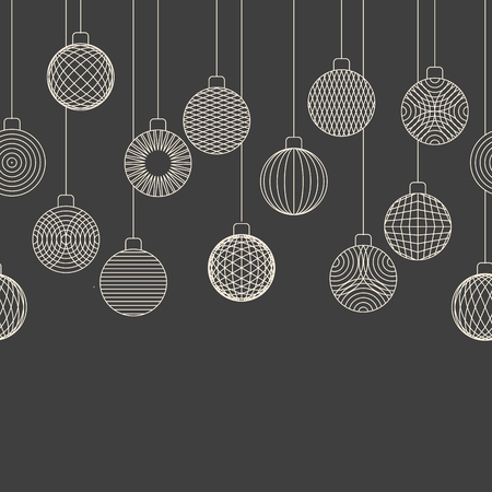 Seamless border made of Christmas ball toy decorations hanging on grey backgroundのイラスト素材