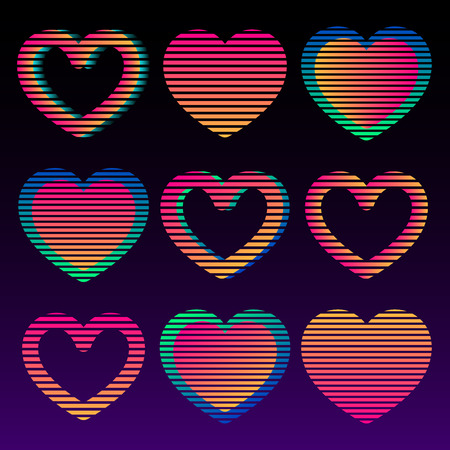 Set of bold neon glowing stripe hearts. 80s styleのイラスト素材