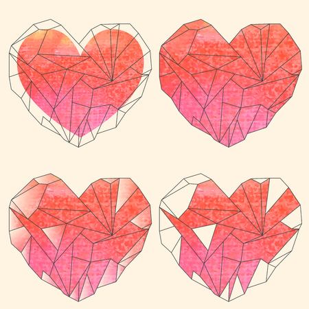 Watercolor crystal hearts set on beige backgroundのイラスト素材