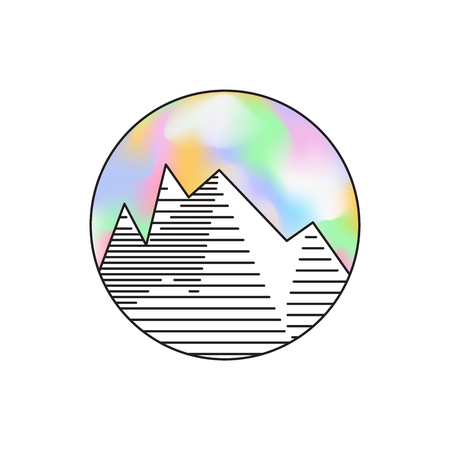 Round emblem with linear mountains and holographic skyのイラスト素材